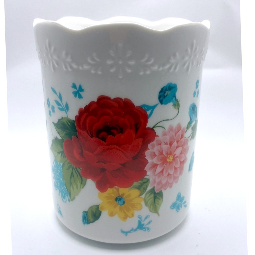The Pioneer Woman Utensil Crock 7" Breezy Blossom Floral Scalloped Stoneware